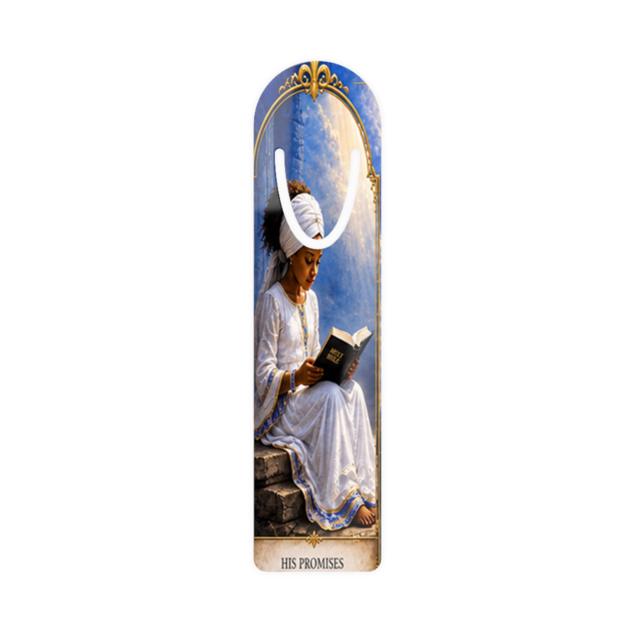 Copy of Religious Prayer Reading Metal Bookmark — Woman in White with ‘Be Kindest with Your Words’